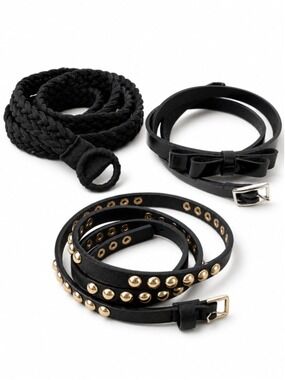 Skinny Belt Trio: Black & Gold Studded, Faux Patent Leather & Bow, Navy Braided